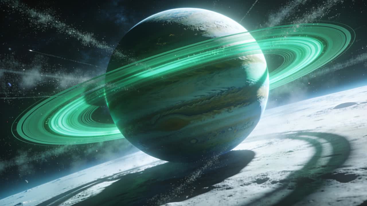 Telecamera in movimento che mostra un gigante gassoso ad anelli alla deriva sopra l'orizzonte di una luna craterizzata, con anelli verdi.