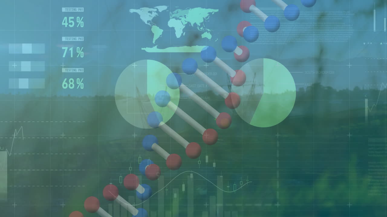 3D molecular model being visualized over semi-transparent dashboard, showing charts and grid lines