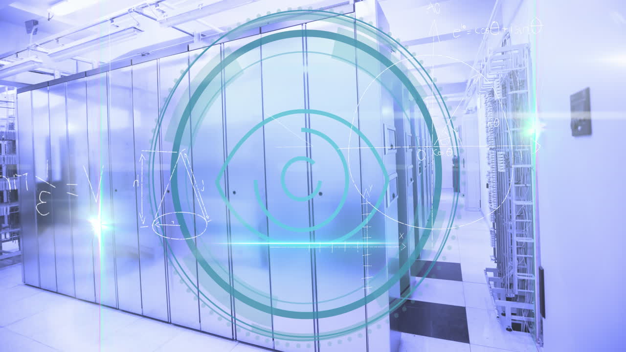 디지털 애니메이션은 녹색 배경에 수학 문제와 글로벌 인터넷 네트워크를 보여줍니다.