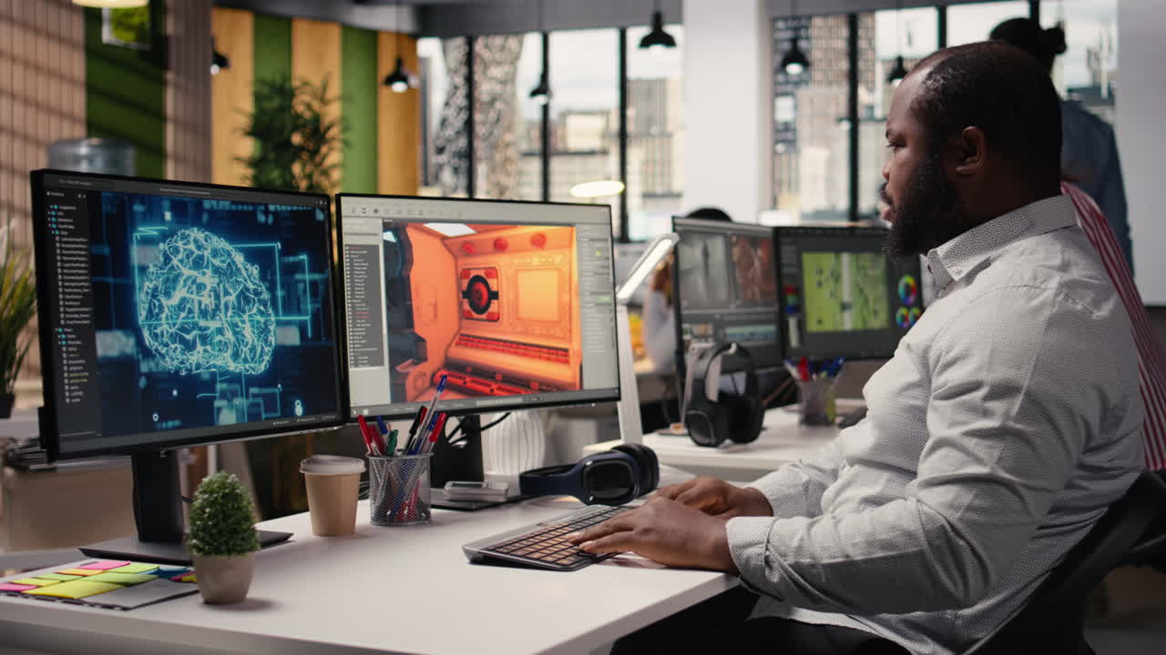 Black worker creating fantasy video game with AI neural networks systems