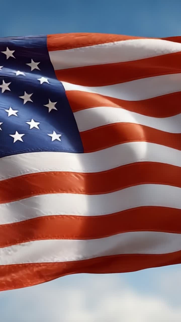 Una maestosa dimostrazione di libertà: la bandiera americana che sventola catturata in movimento contro un cielo azzurro limpido, a simboleggiare patriottismo e unità nei suoi colori vivaci e nel suo design.