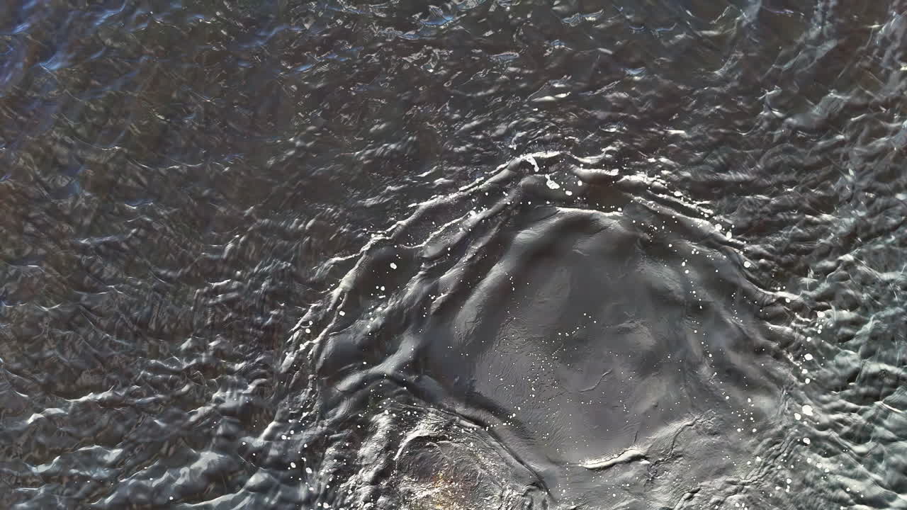 Bubbles rise from a diver hidden beneath dark, forming a circular disruption on the surface. This overhead view captures a mysterious, immersive moment of underwater exploration or emergency descent