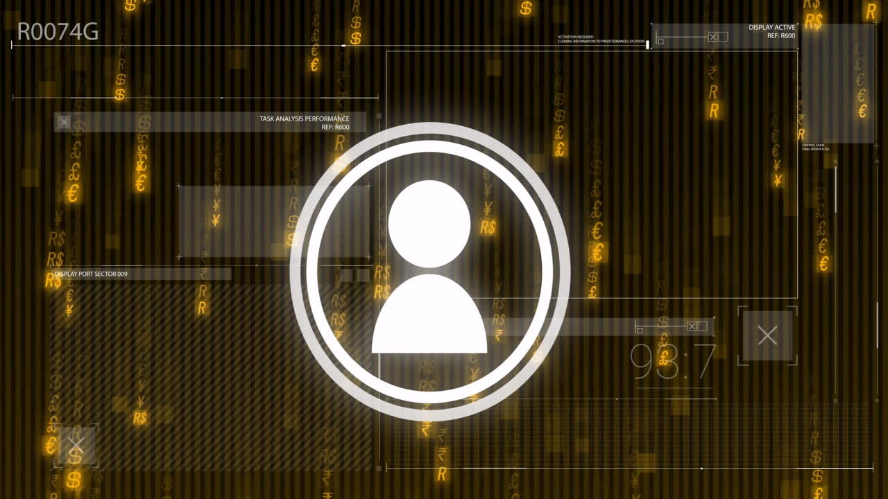 Abstract person icon over digital financial data and currency symbols animation