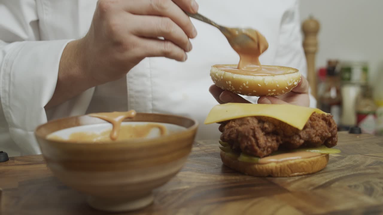 셰프가 버거 번에 수제 소스를 더하다