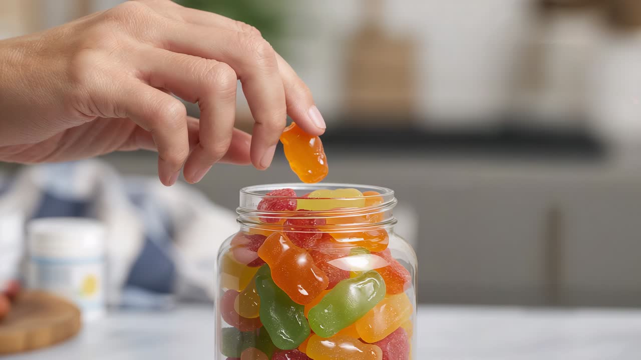 Reaching bare adult hand pinching and lifting orange gummy above glass jar on countertop, for snack