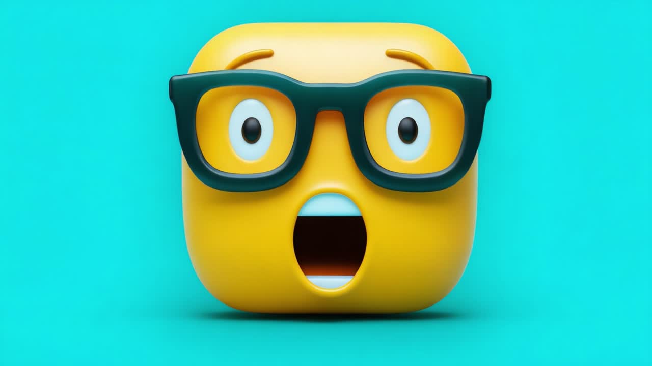 Surprised Emoji with Glasses Expression: A Playful Representation of Shock and Amazement on a Bright Cyan Background Capturing the Essence of Cartoonish Emotions