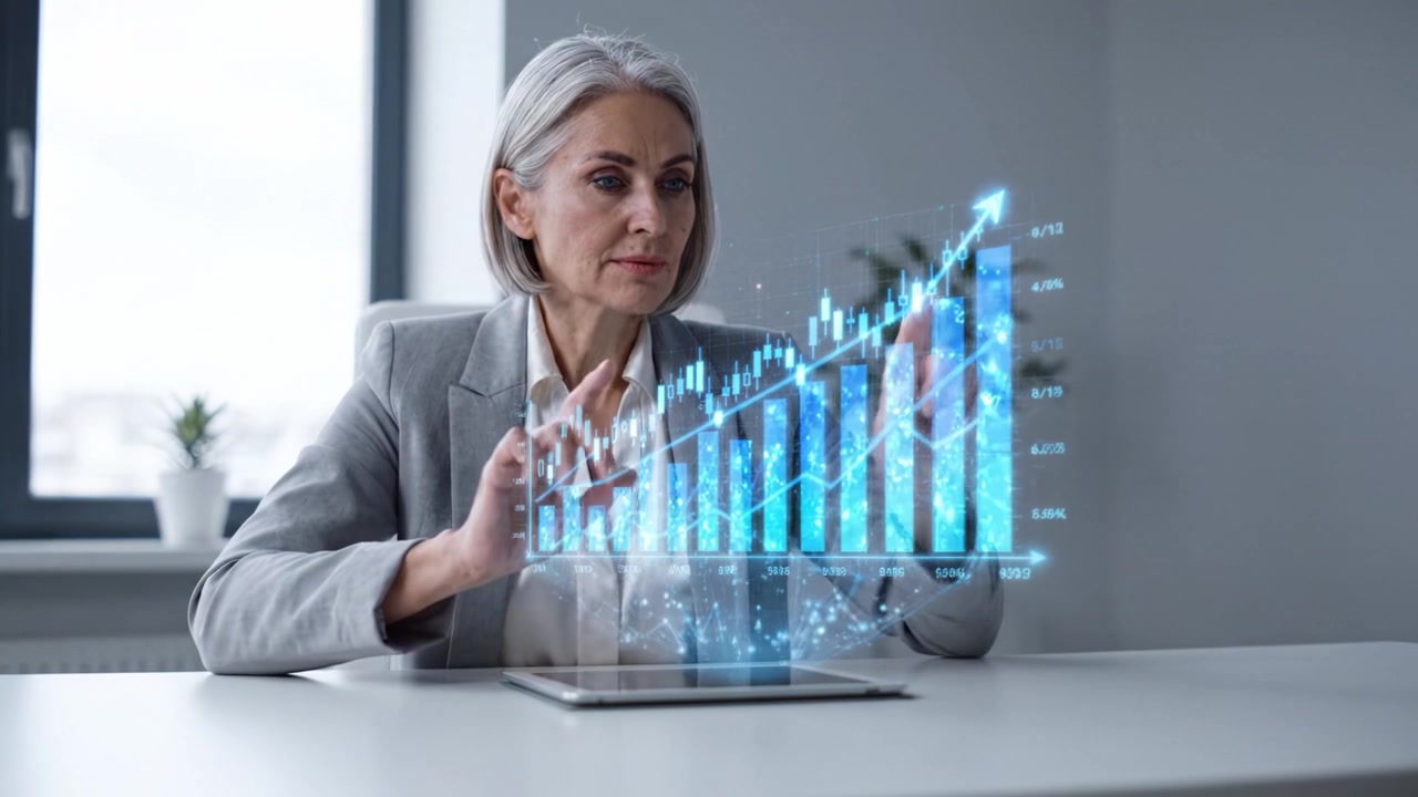 Una professionista che analizza le tendenze dei dati su un tablet digitale, mostrando la crescita attraverso grafici e indicatori virtuali in un moderno ambiente d'ufficio.