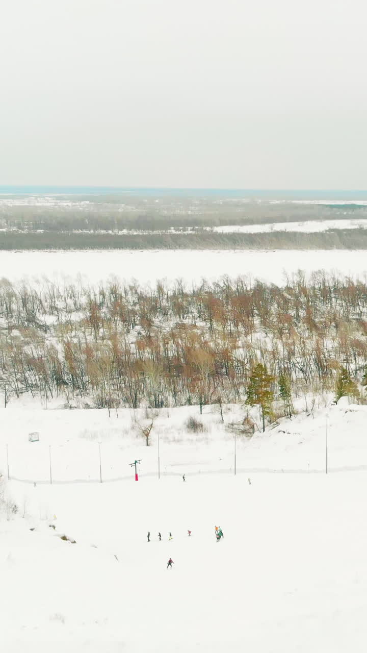 surface lift located on low-angle slope covered with white thick snow among pine trees at ski resort bird eye view