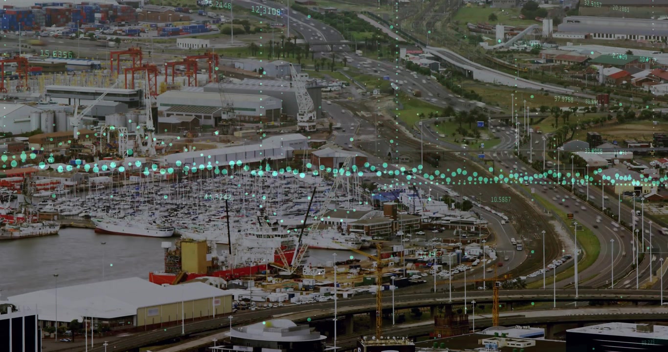 Aerial View of Industrial Port with Digital Data Overlay