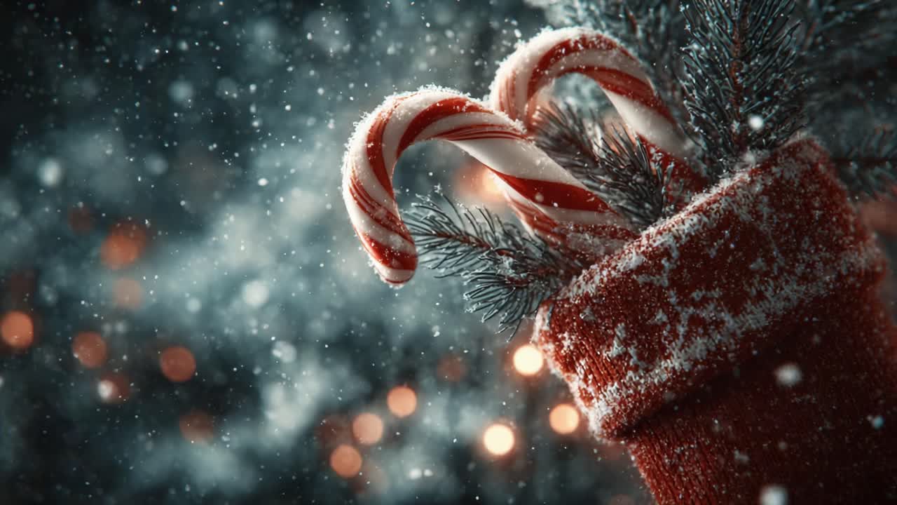En festlig scene med røde og hvide candy canes omgivet af frostklare fyrgrene og glitrende snefnug, der skaber en magisk feriestemning