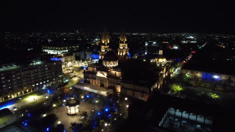 Guadalajara-Night-Aerial-Orbit-of-Catedral-de-Guadlajara-and-Skyline