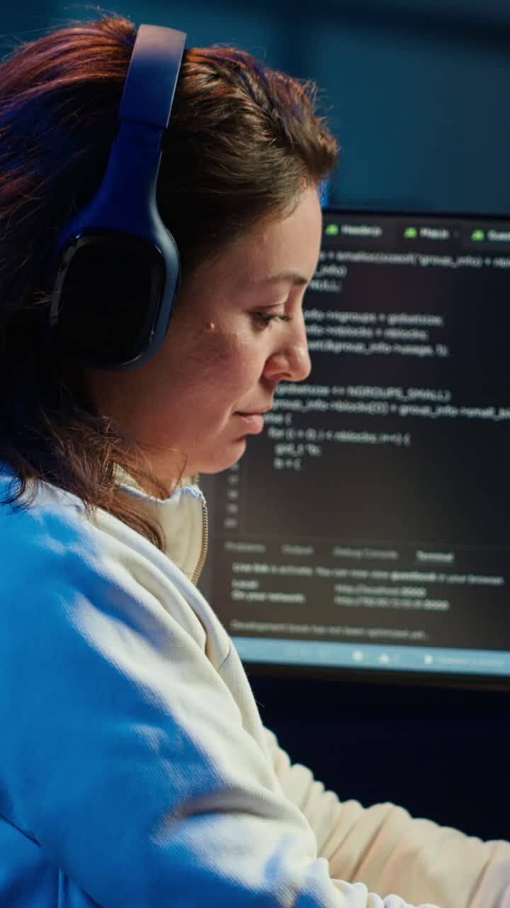 Video verticale. Programmatore freelance che ascolta musica mentre sviluppa software