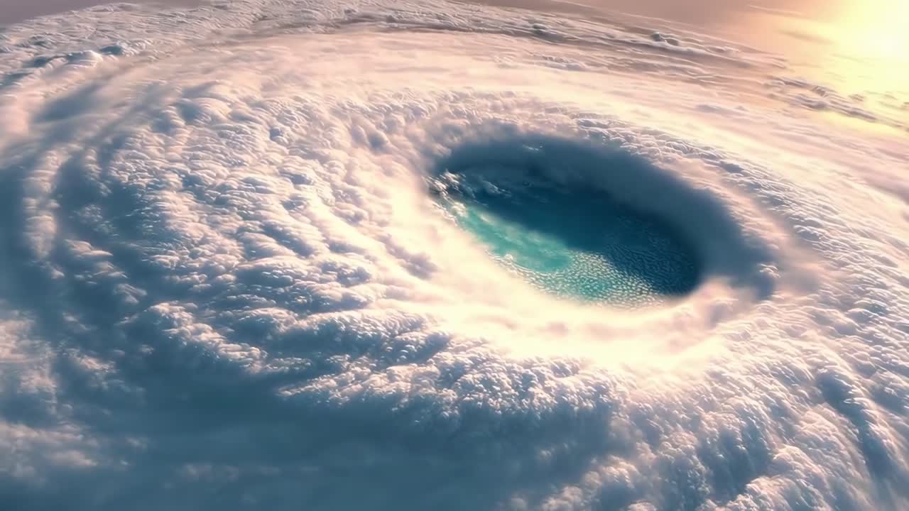 Aerial video of a swirling hurricane eye, showcasing dynamic cloud formations