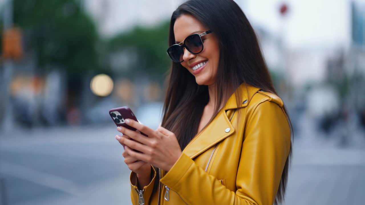 Giovane donna felice con occhiali da sole che invia messaggi sullo smartphone in città