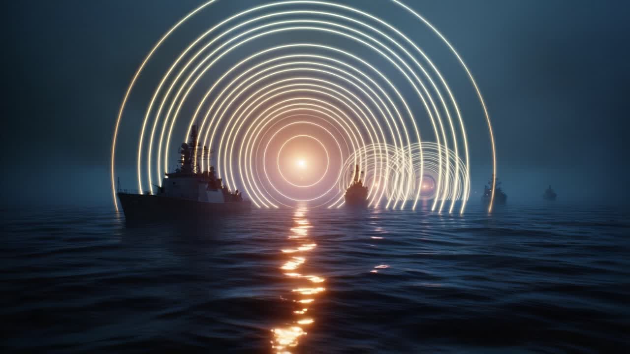Warships sail through foggy night waters. Bright lights pulse in glowing concentric arcs. Ships move silently amid misty darkness. Scene evokes mystery and futuristic naval operations