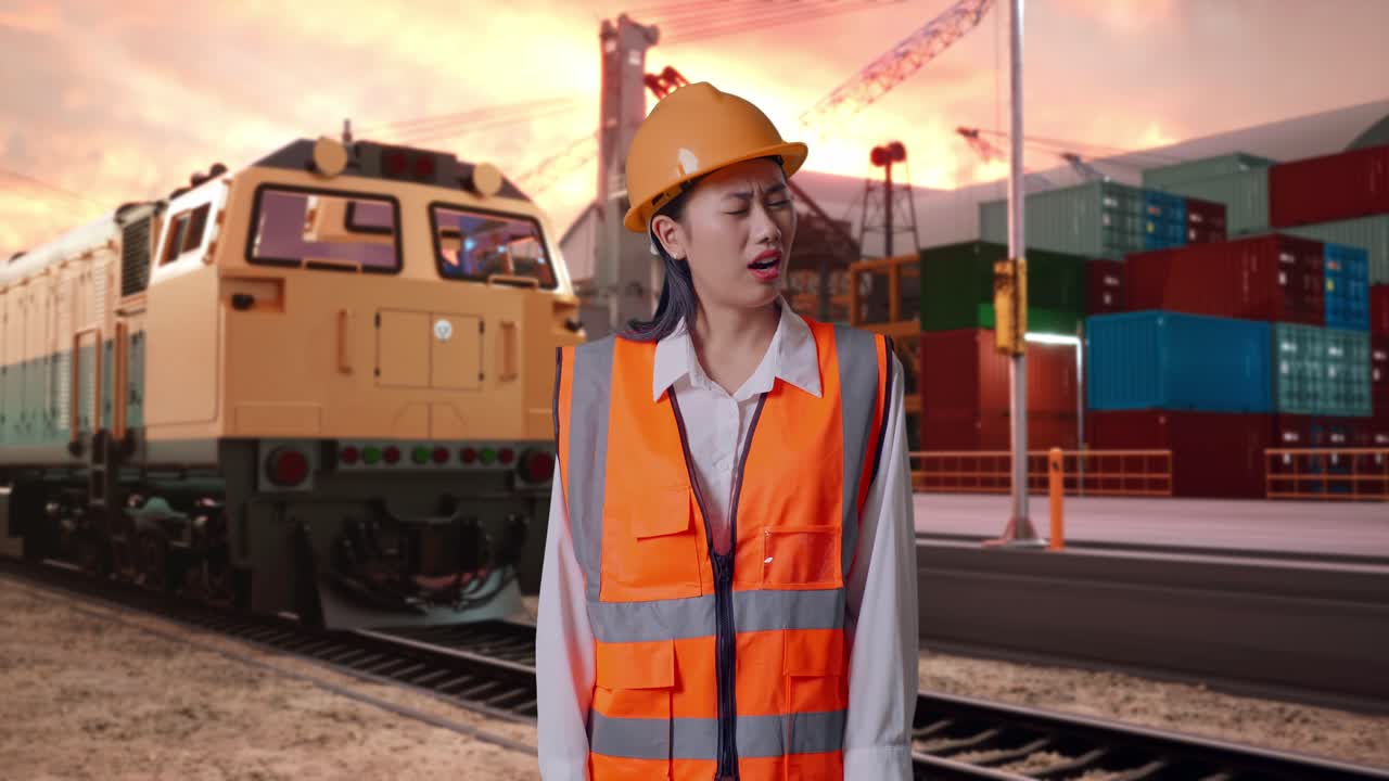 Wondering Asian Female Engineer With Safety Helmet Working Doubtfully With Freight Cargo Train At Port