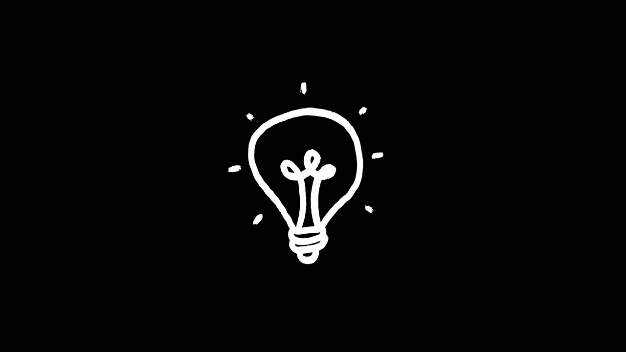 Icona animata di lampadina in stile doodle che sfarfalla su sfondo nero