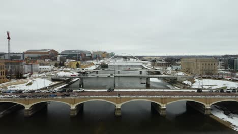 aerial view of des moines river in winter