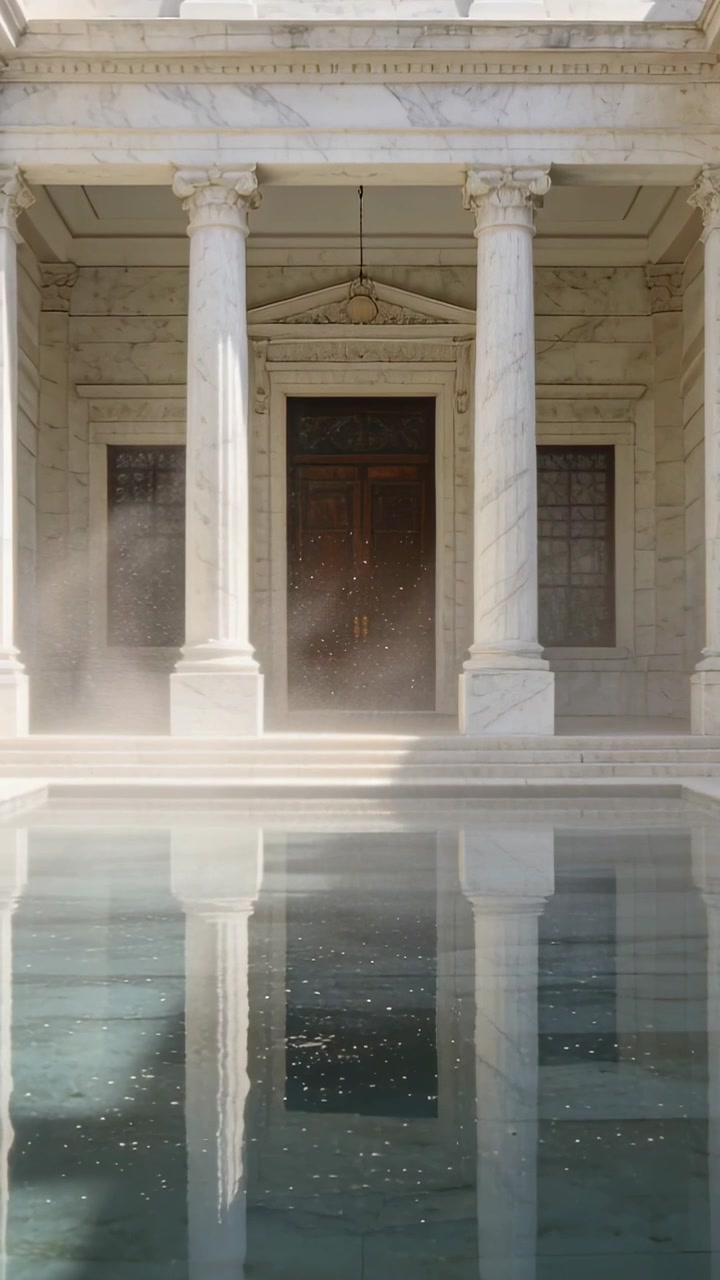 Video verticale: Particelle che salgono, colonne di un portico in marmo accanto a porte di legno che creano increspature nell'acqua della piscina.