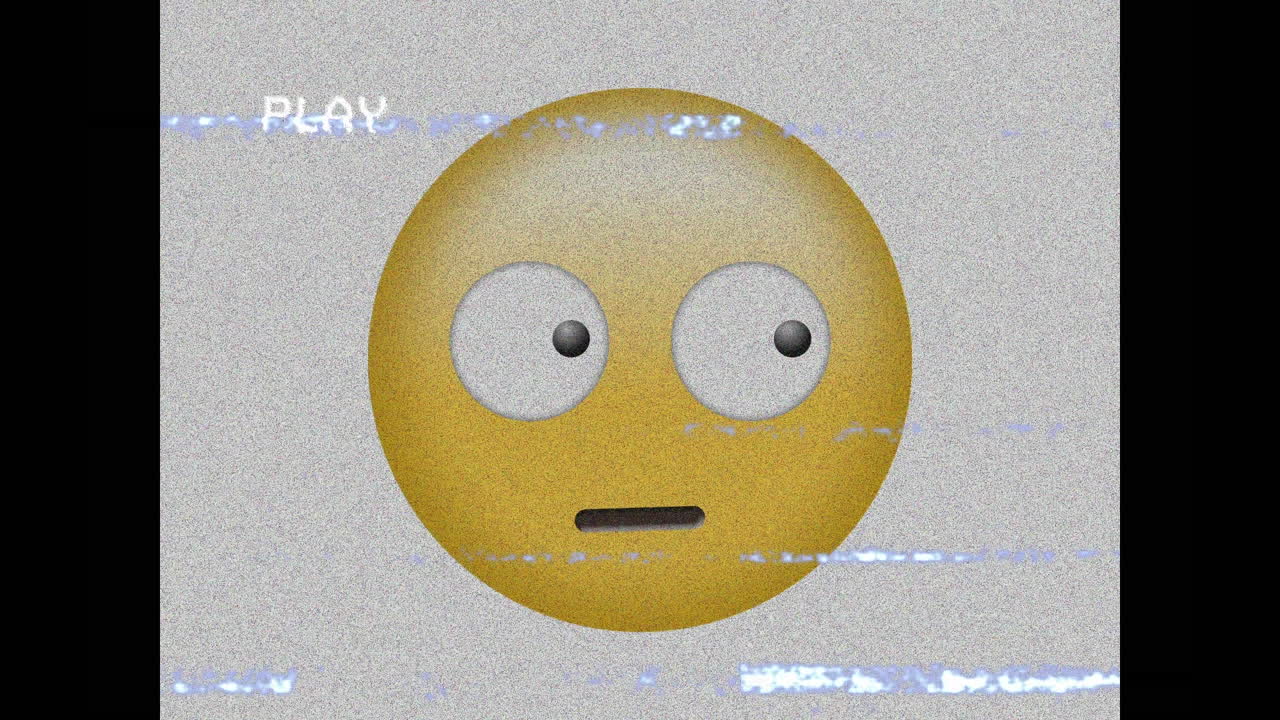 Digital animation of vhs glitch effect over confused face emoji against black background