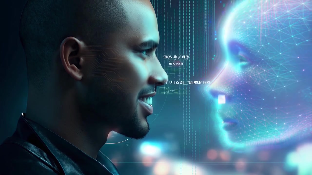 Man Interacting with Digital Artificial Intelligence Face