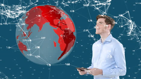 el hombre usa una tableta 3d con conexiones globales, simbolizando la tecnología y la economía.