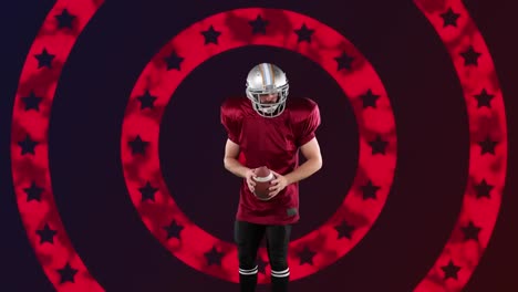 caucasian male rugby player throwing a ball against stars on spinning circles on white background