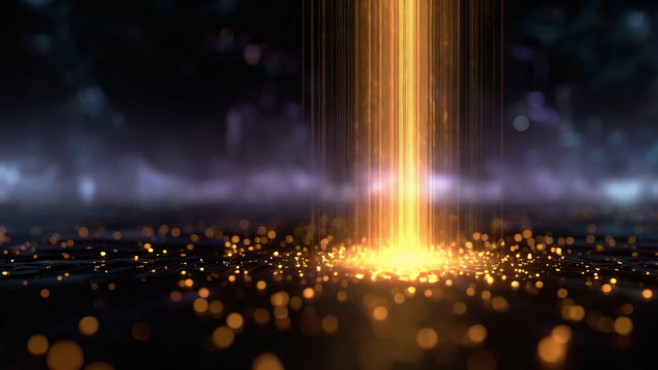 Una cascata ipnotica di particelle dorate fluisce dall'alto, creando uno straordinario effetto visivo che cattura l'attenzione di chi guarda e illumina l'oscurità circostante