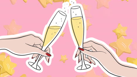 animation of floating golden start and cartoon hands with glasses of champagne on pink background