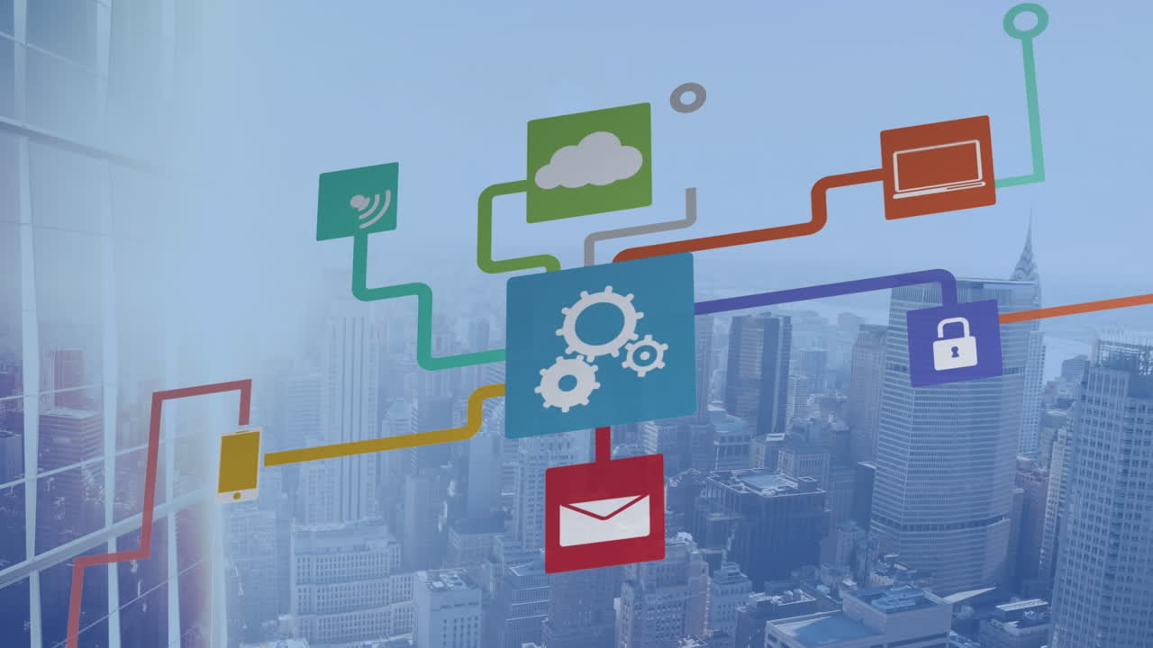 도시 풍경 위의 아이콘으로 연결된 네트워크의 애니메이션