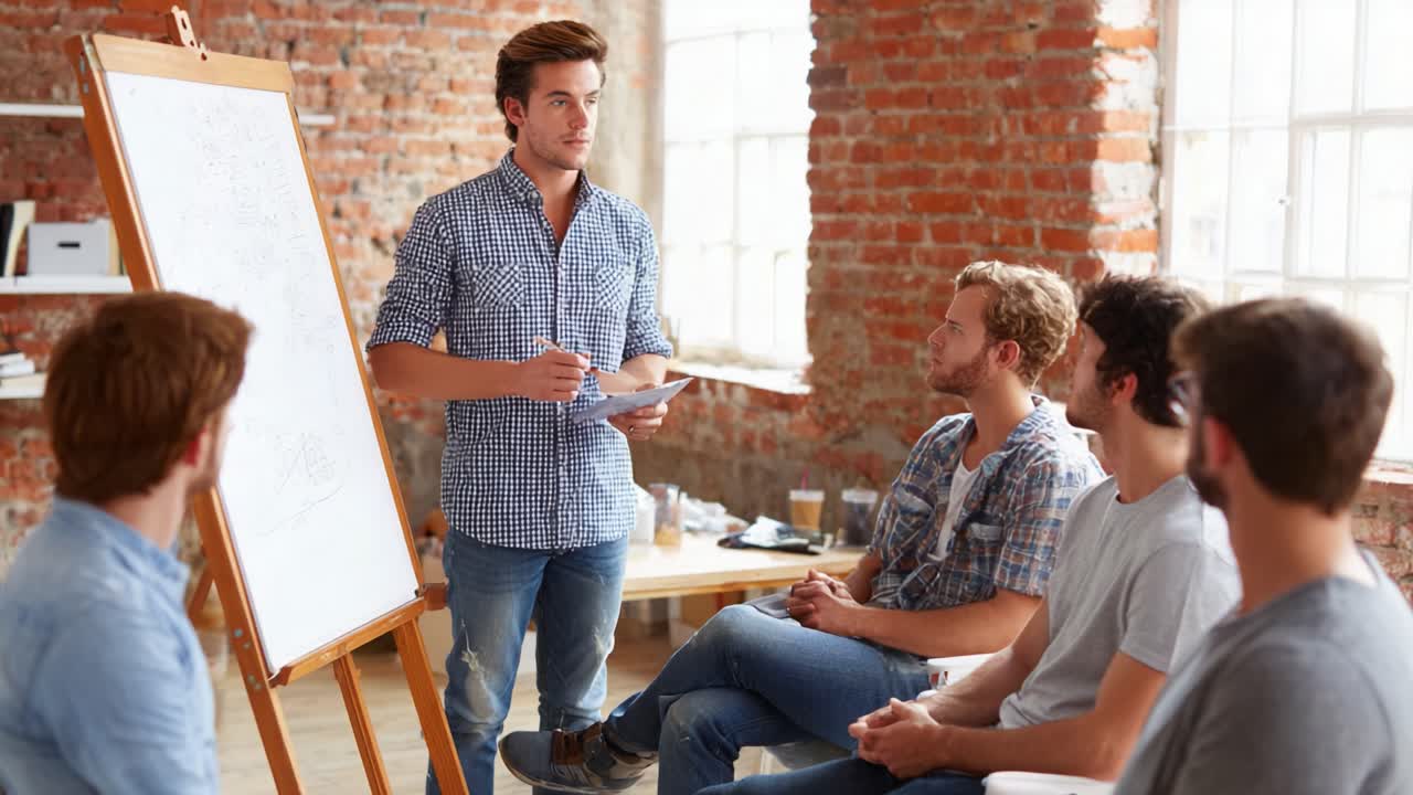 Engaging Presentation: A Young Man Leads a Dynamic Discussion with an Audience in a Modern Workspace, Utilizing Visual Aids to Enhance Understanding
