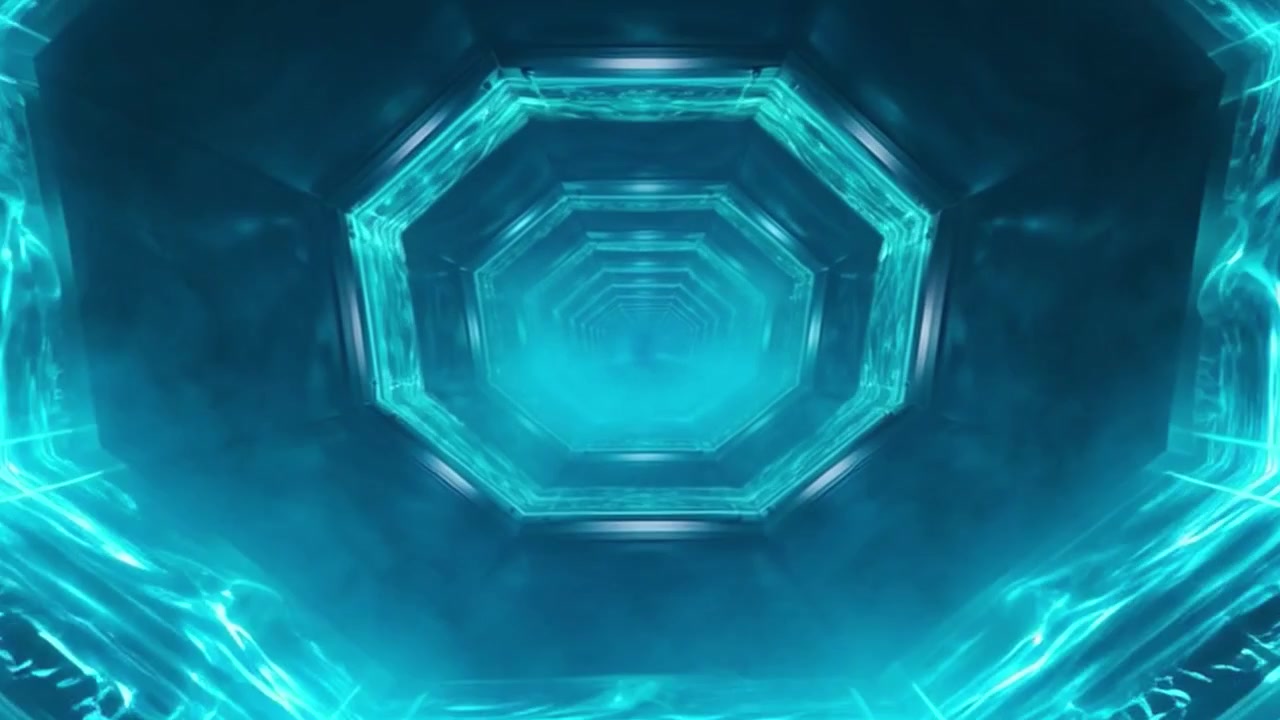 Tunnel ottagonale blu luminoso futuristico con effetti di luce liquida