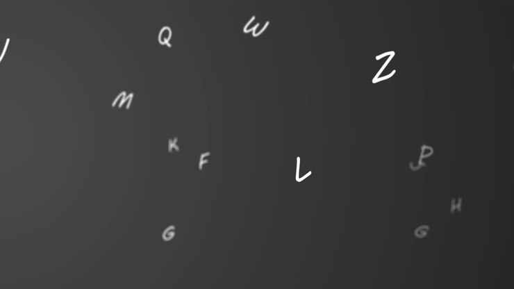 Random letters in the alphabet move towards the left in a vast empty space