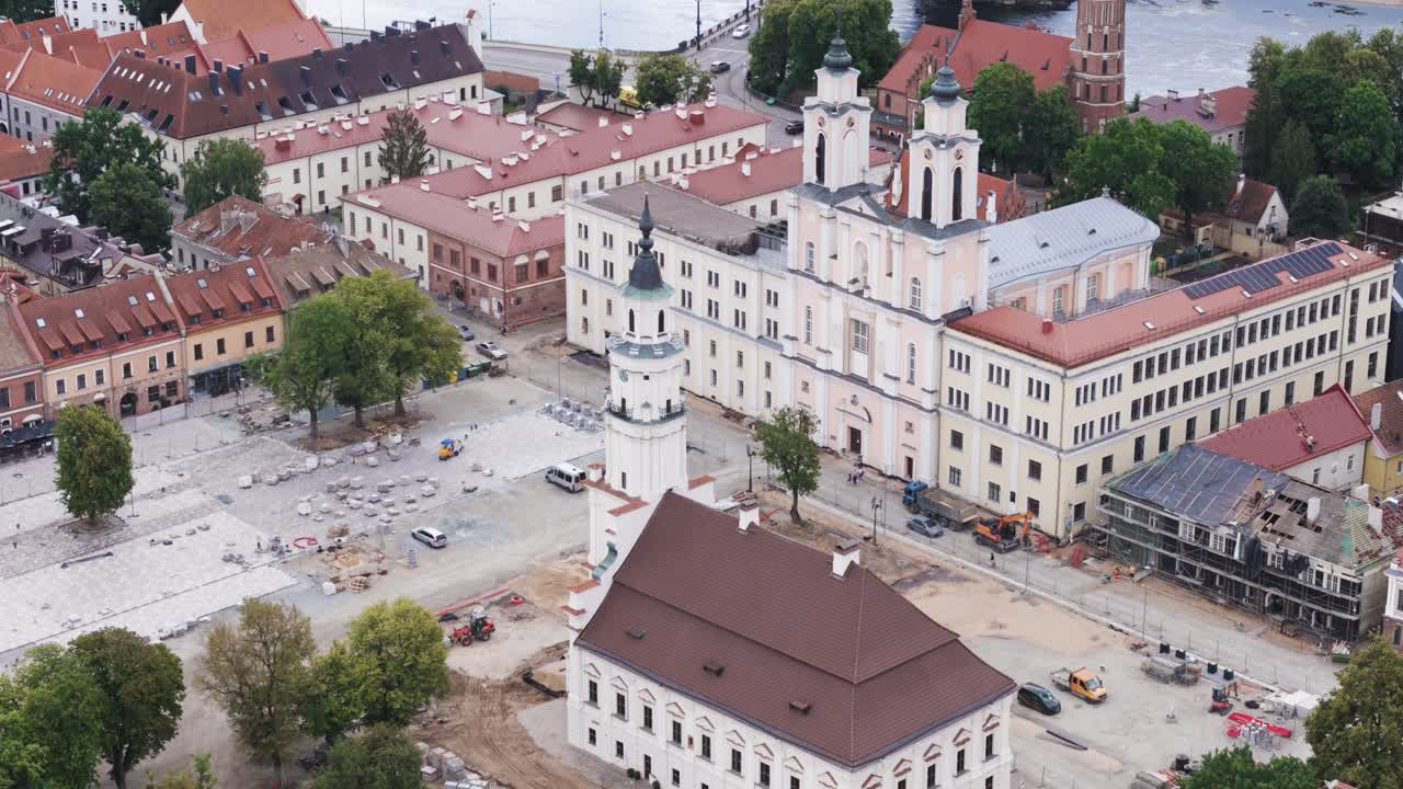 City hall of Kaunas and downtown buildings, aerial orbit view