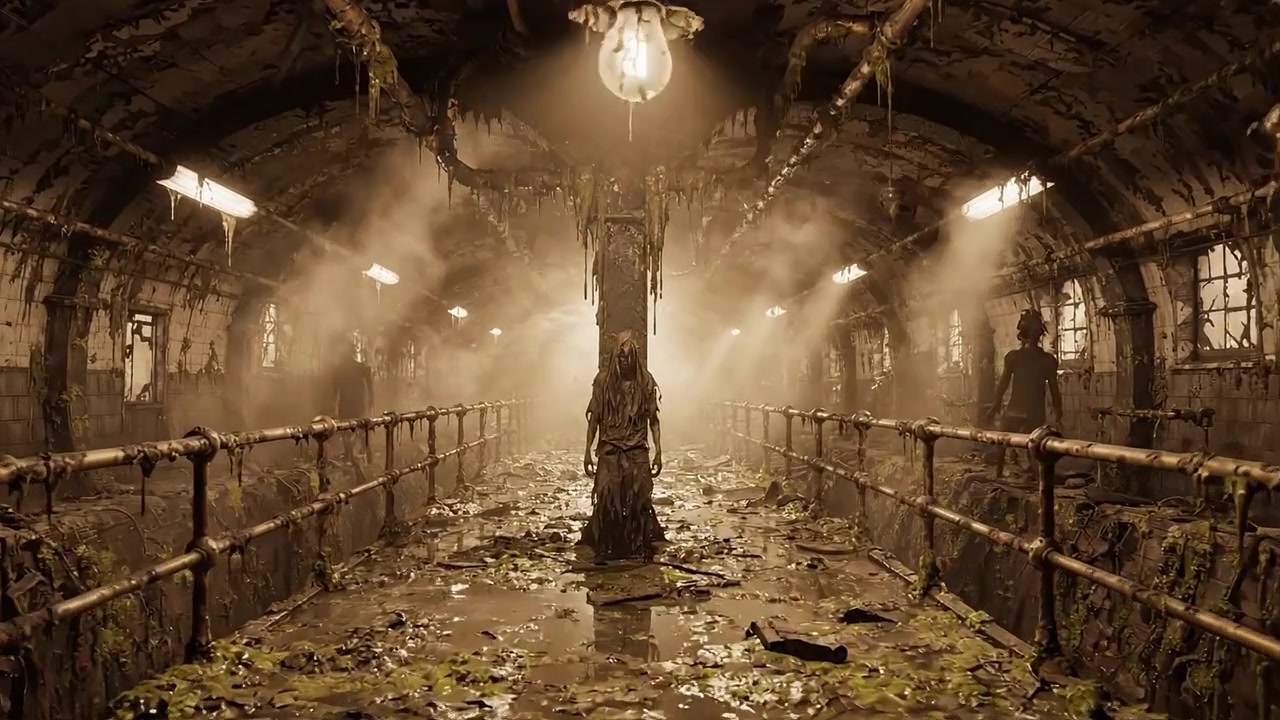Figure misteriose in un luogo sotterraneo abbandonato con illuminazione cruda e atmosfera minacciosa, circondate da muri fatiscenti e vegetazione incolta