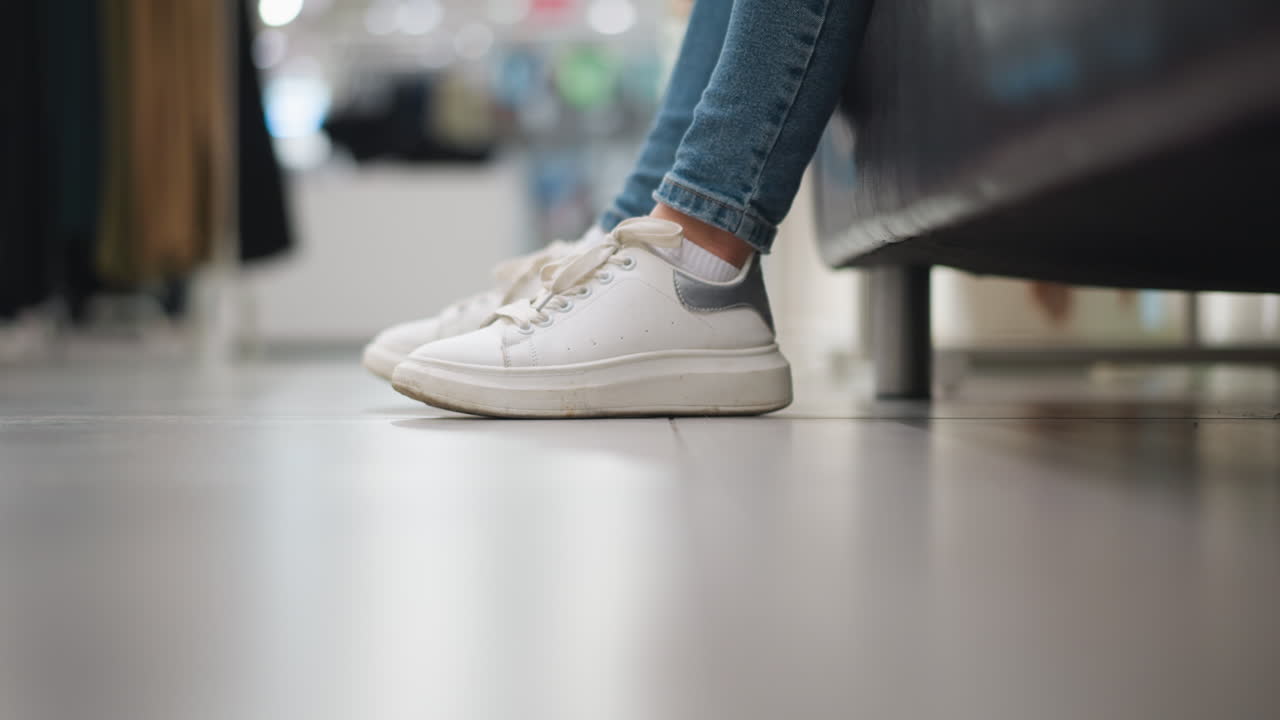 색 캔버스 신발을 입은 청바지를 입은 여성의 다리가 잘 조명된 쇼핑몰에서 바닥에 오른쪽 다리를 부드럽게 는 클로즈업, 신발과 다리 움직임은 캐주얼하고 편안한 쇼핑몰 분위기에서 강조됩니다.