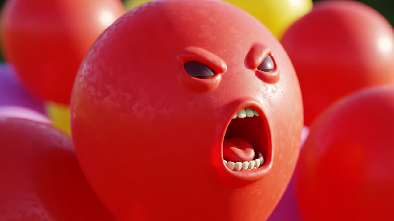 Frighteningly Expressive Red Balloon Character in a Sea of Colorful Balloons Captivates the Scene with Vibrant Emotions and Eye-Catching Design