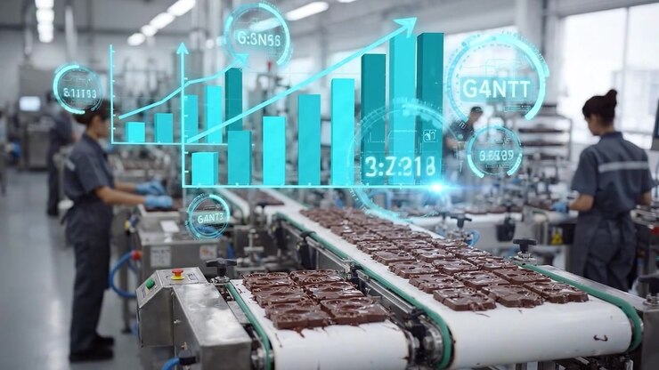Produktionslinje for chokoladebarer med digital analyse-overlay i en moderne fabrik