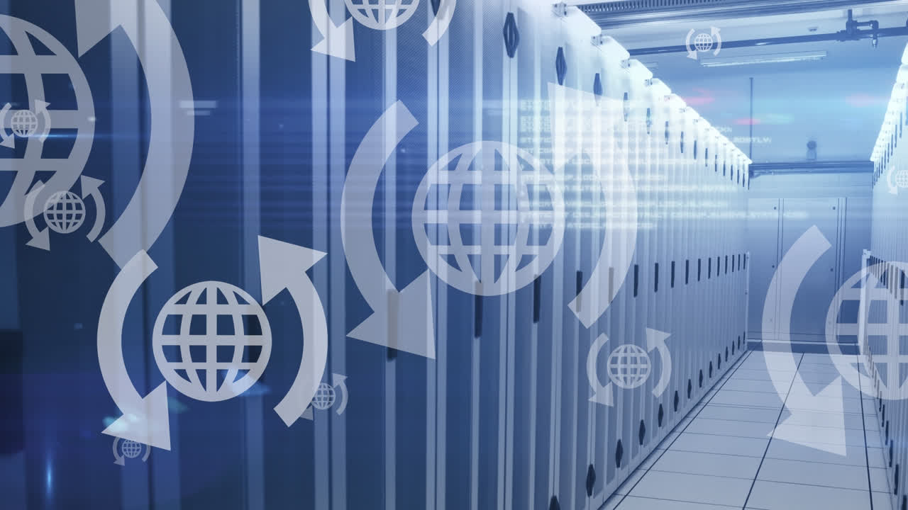 Animation of globe icons over server room