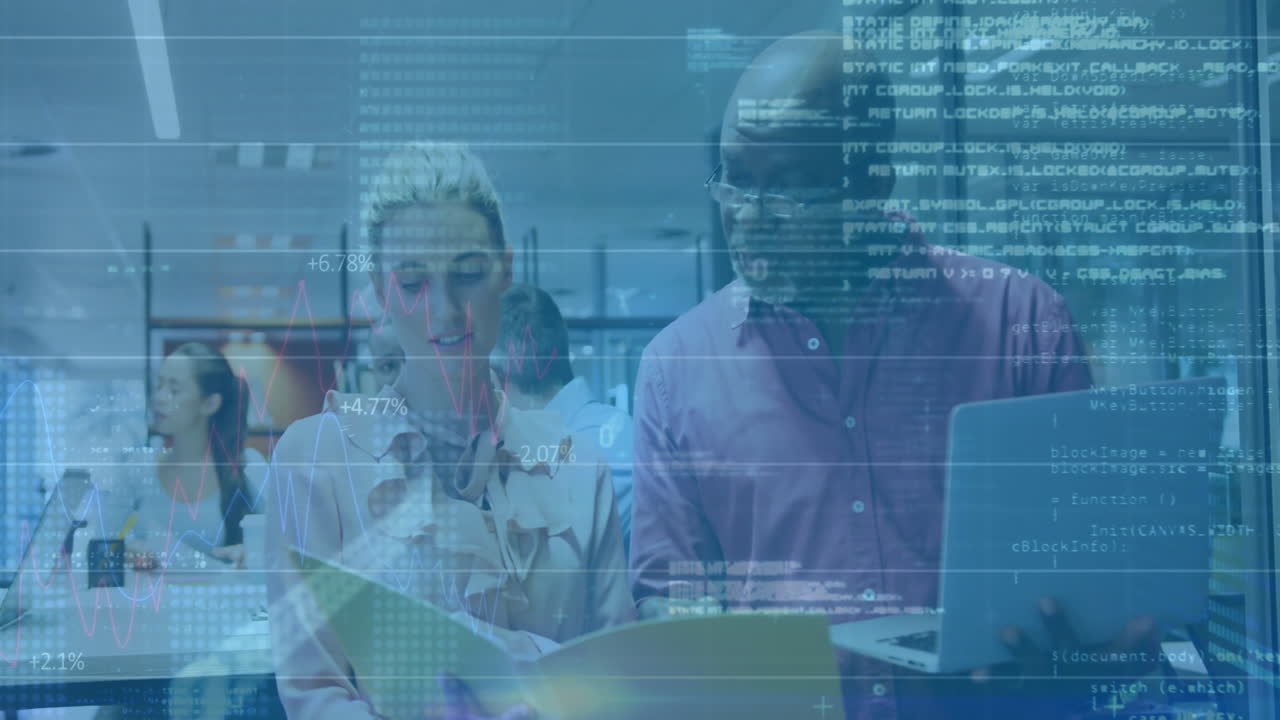 Animation of financial data processing over diverse business people in office