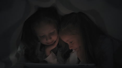 two little sisters using a tablet hiding under the blanket in bed at night