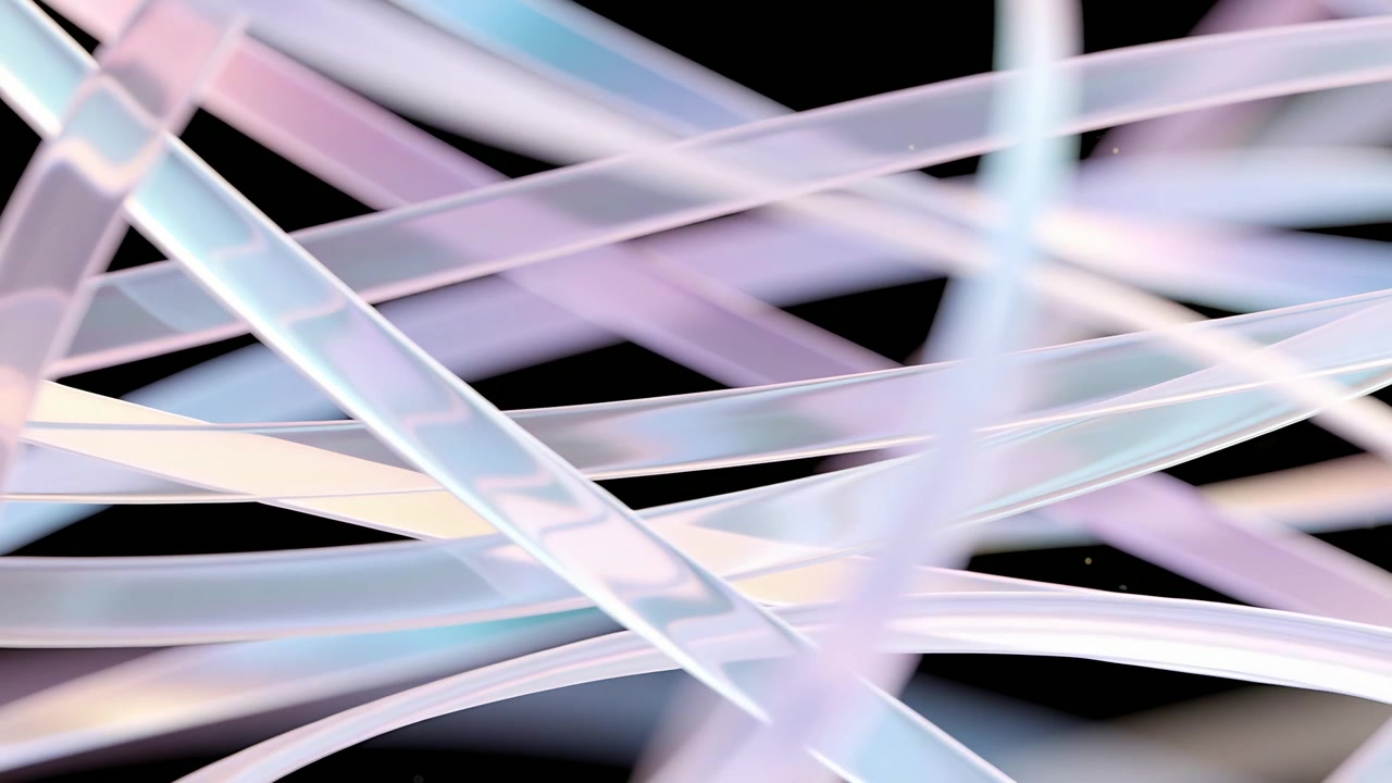 Playback starting iridescent ribbons shifting and sliding in black void, forming layered overlaps