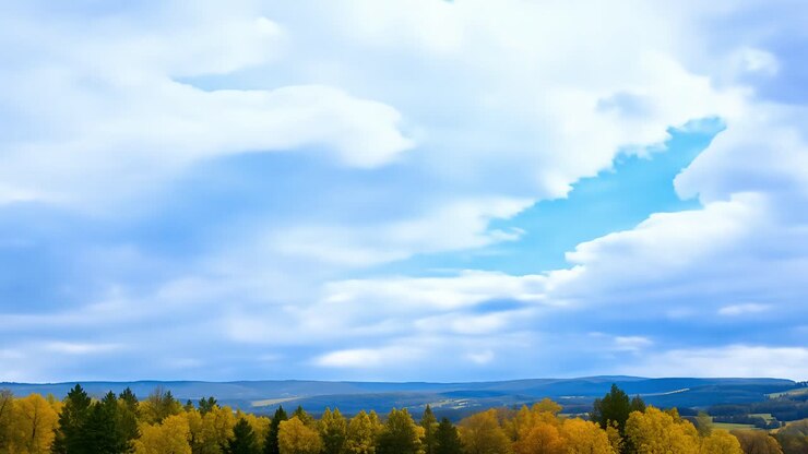 A view of a mountain range with a forest in the foreground and a blue sky with white clouds