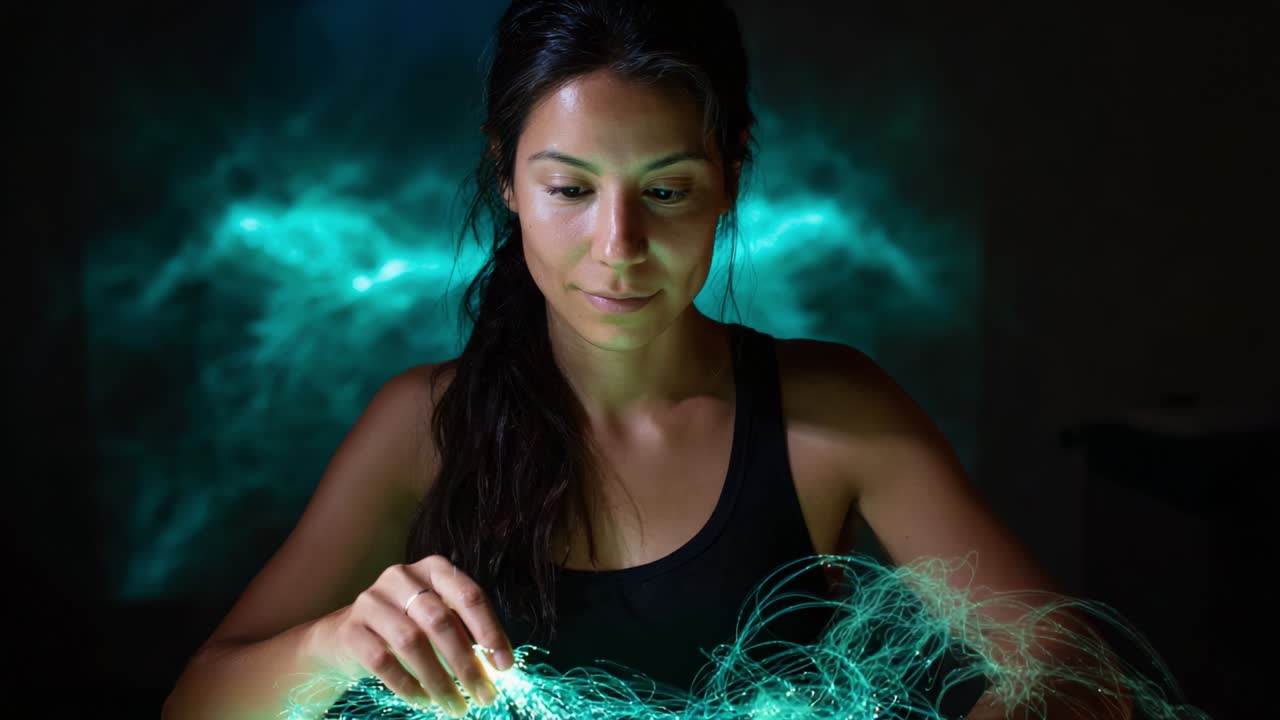 A woman engaged in mesmerizing manipulation of glowing fibers, showcasing intricate patterns and captivating colors, embodying the intersection of art and technology in an entrancing visual display