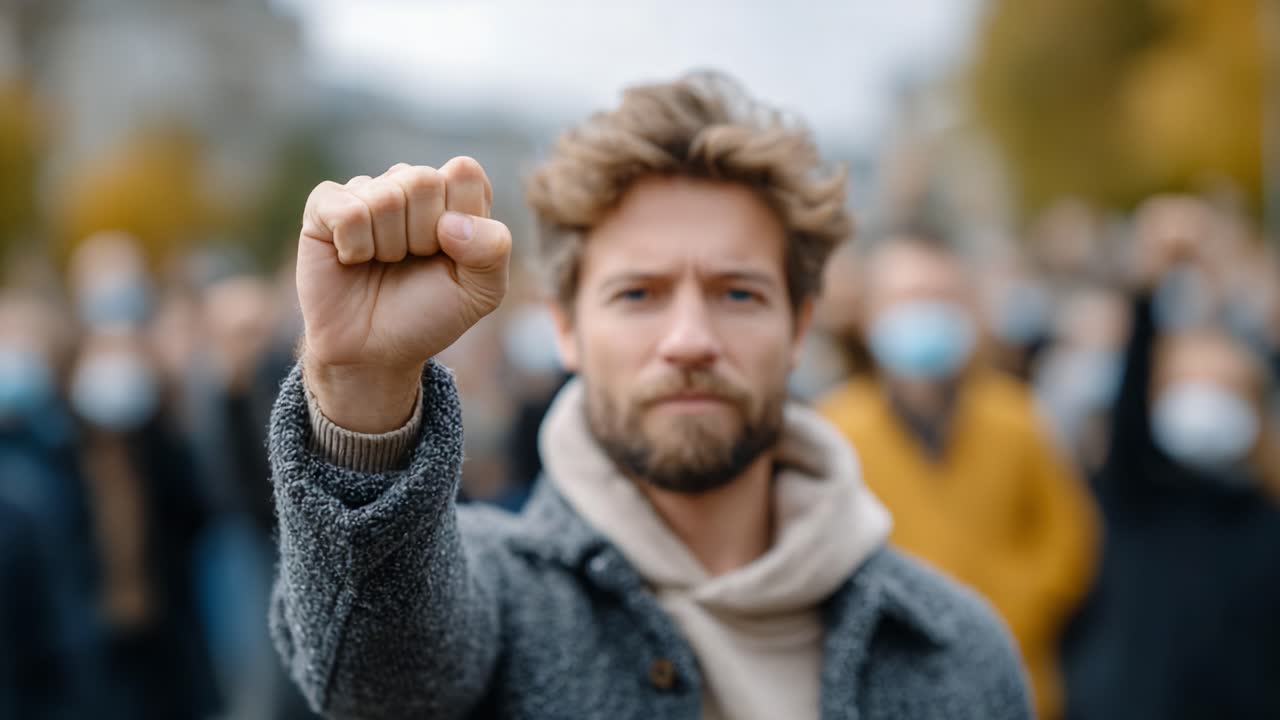A Strong Protester Raises a Fist as a Symbol of Determination and Unity in Front of a Crowd Demonstrating for Change and Justice