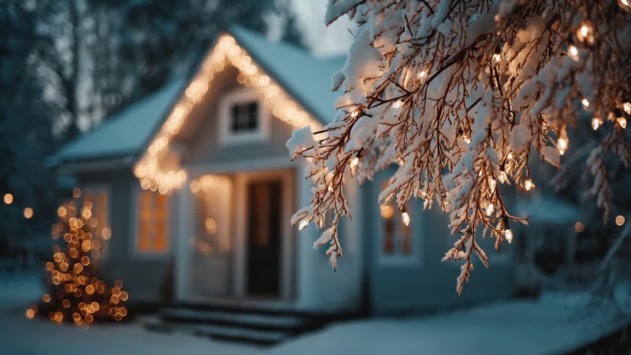 A Cozy Winter Scene Featuring a Snow-Covered House Adorned with Sparkling Lights and a Glimmering Christmas Tree, Creating a Magical Atmosphere in Nature