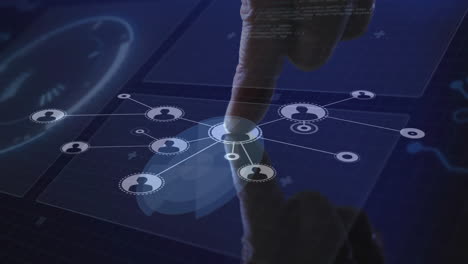 finger interacting with animation of digital network interface displaying user icons