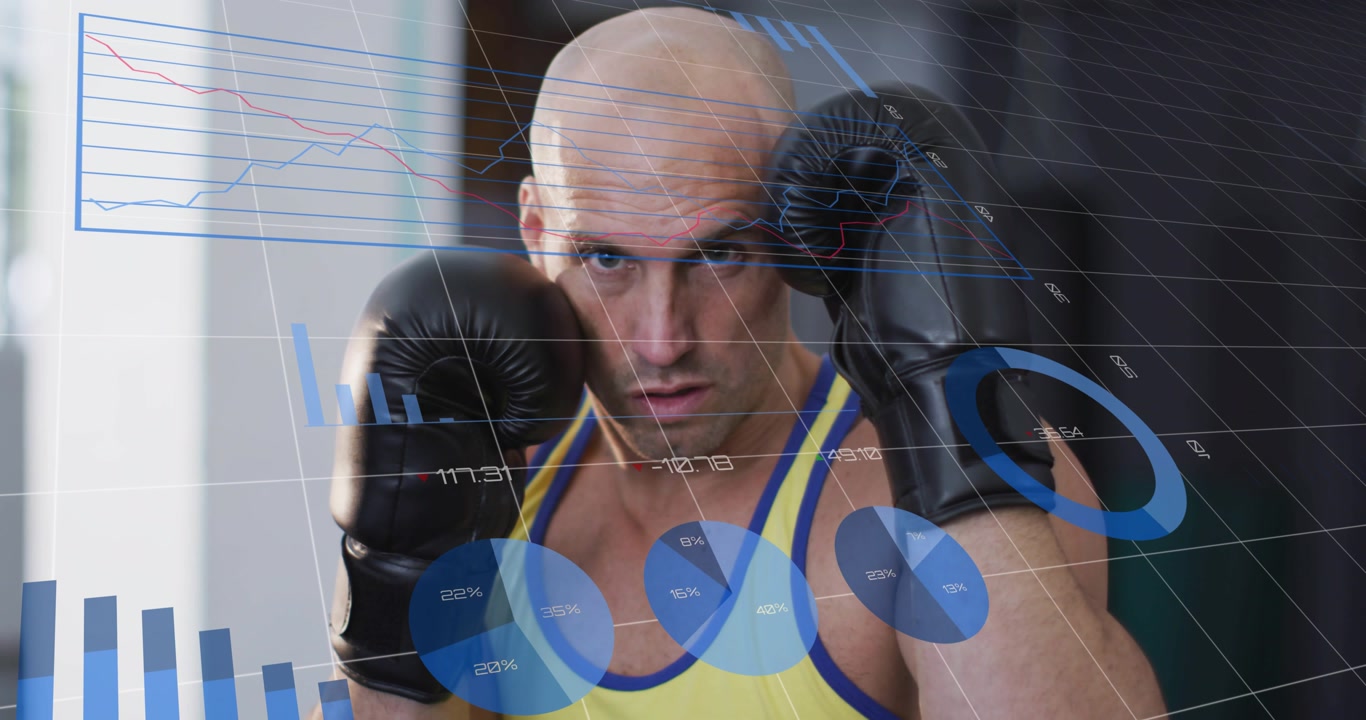 Boxer holding guard in gym, adjusting gloves and posture with blue data charts animating in frame