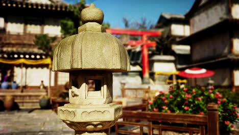 jardín japonés sereno con linterna de piedra y puerta torii