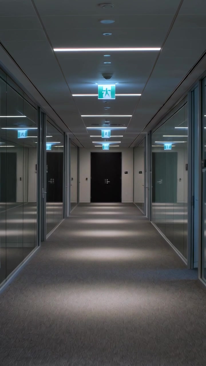 Video vertical: Cámara comenzando a moverse por el pasillo de la oficina hacia una puerta oscura, mostrando letreros de salida verdes.